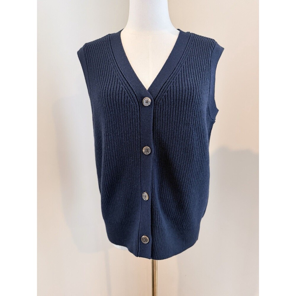 Orvis Everyday Ribbed Button-Front Sweater Vest Womens S Navy Merino Wool Blend